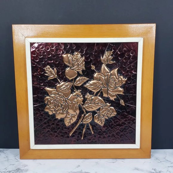 Embossed Copper Roses Artist Signed Vintage - Picture 1 of 5